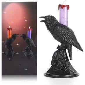 Halloween Raven Candle Holder, Gothic Halloween Crow Candlestick Holders Black Raven Candle Stick Battery-Powered Halloween Candlestick Light for Home Party Decoration (Purple Light)
