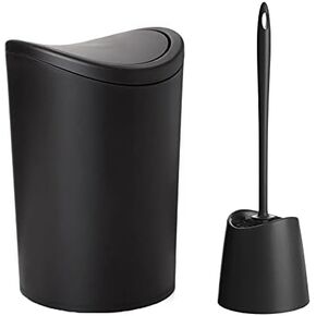 Superio Bathroom Trash Can with Toilet Brush Set Black Modern 6 Liter Small Waste Basket Plastic Garbage Can with Swing Lid and Toilet Bowl Cleaner Bathroom Accessories Set