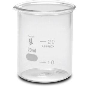20ml Beaker, Low Form Griffin, Borosilicate 3.3 Glass, with Spout & Printed Graduations, Karter Scientific 232M2 (Pack of 12)