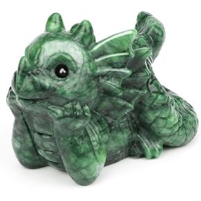 gemshan Green Natural Jade Meditation Dragon Hand Carved Art Animal Figurine for Home Office Decoration with Luck