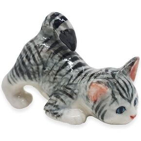 WitnyStore Tiny 2⅛" Long Bending Down Grey Tabby Cat Figurine - Miniature Hand Made Painted Ceramic Striped Shorthair Cats Kitten Animal Porcelain Clay Decorative Collectible Figurines Décor Gifts