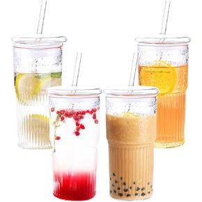 4 Packs 22 oz Glass Cups with Lids and Straws, Ribbed Glass Coffee Mug, Tumbler Water Glass, Reusable Water Bottle Wide Mouth Smoothie Cups, Thick Wall Glass Coffee Iced Tea Cup Pearl Tea,Juice