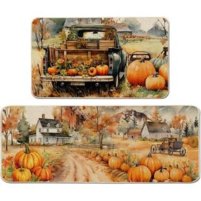 Fall Kitchen Mats, Harvest Kitchen Rug Set of 2 - Vintage Farmhouse Pumpkin Truck Fall Decorations for Home for Floor - Fall Kitchen Decor 17"x27+17"x47"