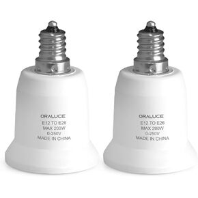 ORALUCE E12 to E26 Adapter, Candelabra to Medium/Standard Base, Light Bulb Socket Adapter Max 200W, 0-250V, Bulb Adapter Socket Converter for Ceiling Fans, Chandelier, 2 Pack