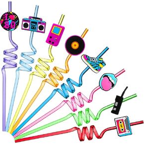 Vesici 80s Party Decor Retro Straw Hip Hop Theme 80s Party Silly Drinking Straws I Love 80s Radio Boombox Mobile Phone Straw Decorations for Adults 80s Party Favors, 8 Colors and Styles(24 Pcs)
