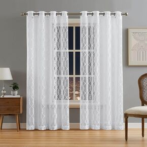 LINENZONE Geometric Curtains for Living Room or Dining Room Decor. Beautiful Sheer Lace White Curtains with Moroccan Pattern for Modern Home. 54 x 84 Inch Curtains. (Giselle 54 x 84, White)