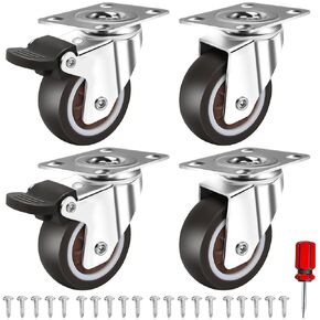 2 Inch Dual wheel TPR Rubber Caster Wheels for Furniture, Plate Swivel Caster Wheels Set of 4,No Noise No Floor Marks Silent, for Baby Bed,Cabinet (2 with Brake), Silver