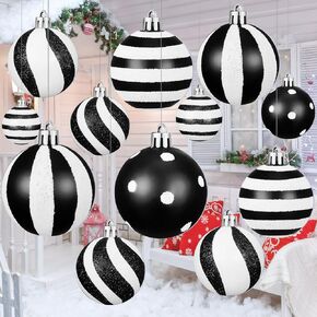 24 Pcs Black and White Christmas Outdoor Ornament Plastic Christmas Tree Decorative Hanging Ornaments Bulk Waterproof Stripe Dot Christmas Decor for Xmas Tree Yard Lawn Porch Decorations