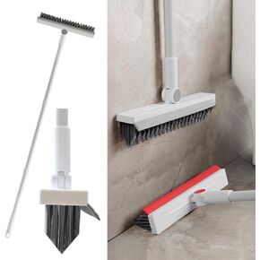 Floor Brush Scrubber with Long Handle Grout Brush Tile Floor Scrub Brush with Squeegee Heavy Duty Deck Brush Stain 180℃ Rotating Crevice Cleaning Brush Stiff Bristle Broom for Bathroom Wall
