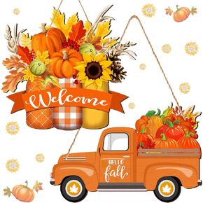Thyle 2 Pcs Welcome Fall Front Door Decor Hello Fall Truck Door Signs Pumpkin Maple Leaf Sunflower Door Hanging Fall Wall Decoration Wooden Fall Decoration for Home Thanksgiving Autumn Party Decor