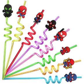 Lidmada 24 Spiderman Birthday Party Favors Straws with 2 Cleaning Brushes, 8 Designs Reusable Plastic Straws Great for Superhero Party Supplies Decorations