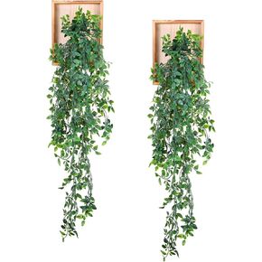 2 Pack Artificial Hanging Plants with Wooden Frames Hanging Mandala Leaves Greenery Plants for Wall Faux Eucalyptus Vine for Living Room Backdrop Indoor Porch Decorations 24 Inch