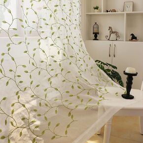 SLOW SOUL 2 Panels Green Embroidered Leaves Sheer Curtain Faux Linen Semi Sheer Voile Window Curtains Drapes for Bedroom Living Room Rod Pocket 52W X 90L inch
