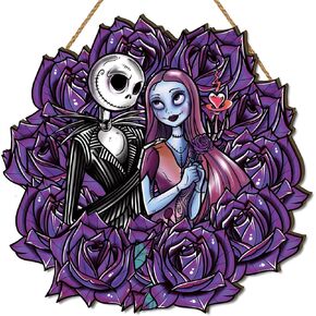 Halloween Decorations Nightmare Before Christmas Wooden Door Sign Jack Sally Gothic Pumpkin Door Decor Wreath Halloween Decorations and Supplies for Home Party