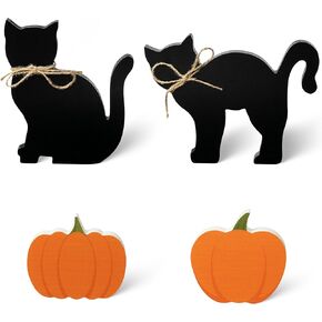 JAPBOR 4PCS Halloween Wooden Centerpieces Table Decorations, Black Cat Pumpkin Tiered Tray Set Decor, Reversible Happy Fall Halloween Party Themed Sign Wood Block Table Topper Décor for Home Kitchen