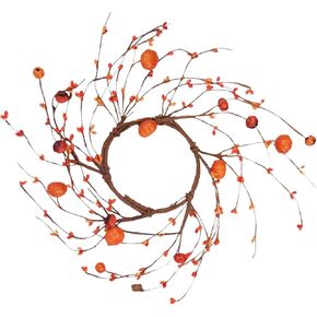 Fall Candle Ring Wreath Table Centerpiece, Large Pillar Candles Holder with Mini Artificial Pumpkins and Twigs, Cute Farmhouse Home Decor, 8 1/2