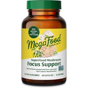 MegaFood Superfood Mushroom Focus Support - Doctor Formulated Lions Mane Supplement Capsules - Lions Mane Mushroom Supplement with Clinically Studied Bacopa - Vegan - 60 Capsules, 30 Servings