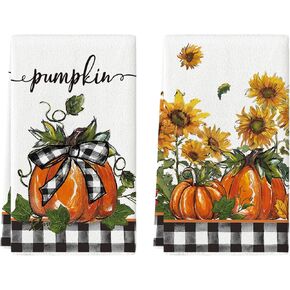 Artoid Mode Buffalo Plaid Bowknot Pumpkin Fall Kitchen Towels Dish Towels, 18x26 Inch Farmhouse Sunflower Thanksgiving Decoration Hand Towels Set of 2