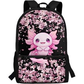 Yzaoxia Axolotl School Backpack for Girls Pink Kids Girls School Bags 10-12 Years Old Cherry Blossom Bookbags with Adjustable Straps