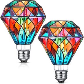 2 Pcs Stained Glass LED Light Bulb E26 Base A60 Colorful Lightbulb 120V Flickering Lightbulb Bulbs for Christmas Xmas Home Balcony Garden Party Decoration(Diamond Shape, 6W)
