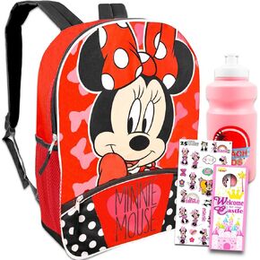 Disney Minnie Mouse Backpack for Girls, Kids ~ 3 Pc Back to School Bundle With 16" Minnie School Bag, Water Bottle, Stickers | Minnie Mouse School Supplies Set
