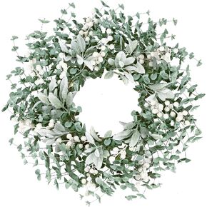 Sggvecsy Artificial Greenery Leaves Wreath for Front Door 22 Inch Greenery Boxwood Wreath Flocked Lambs Ear Wreath with White Berries Spring Summer Wreath for Farmhouse Wall Home Indoor Outdoor Decor