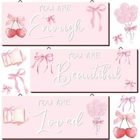 RattanView 3 Pcs Coquette Bow Wooden Hanging Wall Art Positive Quotes Cherry Wall Art Prints with Book for Inspirational Word Sign Decors Gift for Female Women Room(Pink)