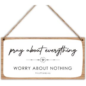 Bible Verse Wood Hanging Decor Sign, Pray About Everything Worry About Nothing, Wood Front Door Plaque Wall Art Decor Gift, 10" x 5" Wood Decor Hanging Sign for Home Farmhouse Living room Bedroom-01