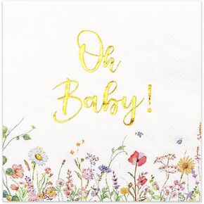 Crisky Baby Shower Napkins Floral Gold Foil Oh Baby Paper Disposable Napkins for Baby Shower Party Decoration, 3-Ply, 50 Counts