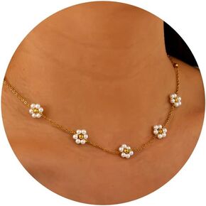 Dainty Pearl Necklace for Women,14K Gold Plated Pearl Choker Daisy Pearl Necklaces Simple White Pearl Necklace for Wedding Prom Bridal Jewelry Gift