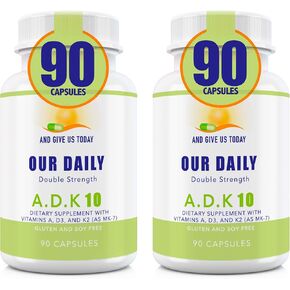 Our Daily Vites ADK 10 قوة مزدوجة (10.000 وحدة دولية) فيتامينات A1 ​​وD3 وK2 (مثل MK7) - مكمل لدعم العظام والجهاز المناعي مركب بواسطة الأطباء - خالي من الغلوتين وغير معدل وراثيًا - 90 كبسولة نباتية