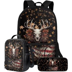 Talayituse Deer Skull American Flag Pattern 3Pcs Backpack Set, Boys Girls Backpack with Lunch Bag Pencil Case, Casual Schoolbag Travel Daypack with Adjustable Strap