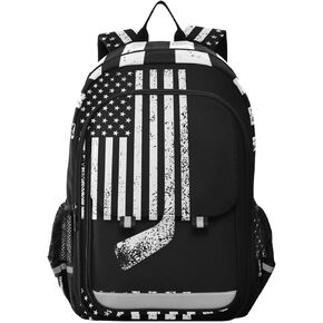 American Flag with Hockey School Backpack Laptop Travel Daypack for Kids Girls Boys, Personalized Computer Notebooks Bookbag with Adjustable Padded Straps