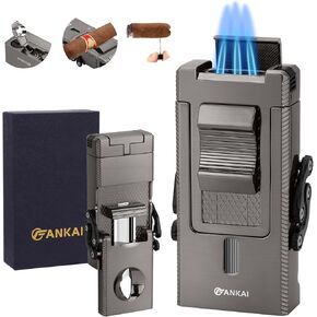5 in 1 Cigar Lighter, Multi-Tool Cigar Torch with Sliding V Cutter, Cigar Punch, Cigar Holder, Cigar Poker, Butane Lighter Triple Jet Flame