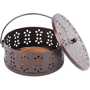 Incense Coil Holder, Retro Portable Iron Coil Incense Burner with Lid and Handle, Round Fireproof Incense Holder for Home Indoor Outdoor Hanging Camping Deck Patio (Bronze)