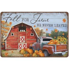 Xiddxu Metal Tin Retro Sign Red Barn and Pumpkins， Fall for Jesus, He Never Leaves Jesus Tin Sign -Novelty Posters，Home Decor Wall Art，Vintage Wall Home Decor 8x12 Inch
