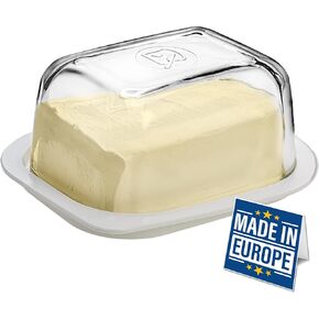 Crystalia Butter Dish with Lid, Large Plastic Butter Keeper with Glass Cover, Cute European Butter Stick Holder, Vintage Butter Tray for Countertop, Big Traditional Clear Glass Cream Cheese Dish