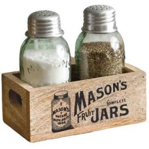 Colonial Tinworks Mason Jar Salt & Pepper Shakers Set with Wood Tray for Rustic Farmhouse Table Decor, Vintage Home Decoration, and Gift
