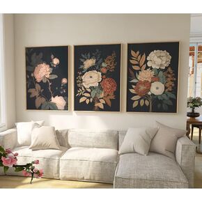 Vintage Flower Wall Art Dark Floral Canvas Wall Art Botanical Farmhouse Wall Art Prints Black Flower Pictures Wall Decor Moody Floral Artwork Painting for Living Room Bedroom 12x16x3 Inch Unframed