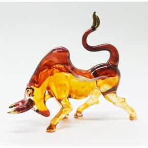 WitnyStore Tiny 2" Long Brown Charging Bull Figurine - Miniature Hand Blown Glass Bulls Small Crystal Ox Oxen Bovine Cattle Animals Decorative Collectible Figurines Home Décor Gifts