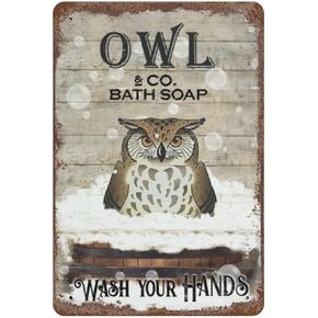 Vintage Iron Hanging Plate Owl Bath Soap Metal Tin Sign Wash Your Hands Metal Tin Sign，Owl Print, Funny Bathroom Decor, Animal Wall Art, Bathroom Decor Housewarming Gift 11.8"x7.9"