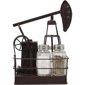 Ebros Gift 8.5" Tall Rustic Vintage Metal Oil Derrick Rig Pump Glass Salt And Pepper Shakers Carrier Organizer Holder 'Nodding Donkey' Model Kitchen Dining Decorative Centerpiece Figurine