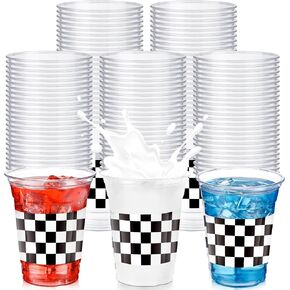 50 Pcs 12 oz Racing Party Plastic Cups Disposable Checkered Cups White Black Checkered Flag Cups Clear Drink Disposable Cups for Race Car Party Supplies Decorations Birthday Baby Shower