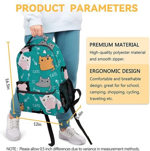 Girls, Boys Cat Backpack - 16 Inches Cartoon Backpacks for School - Green Durable Bookbag for Middle School in Saudi Arabia
