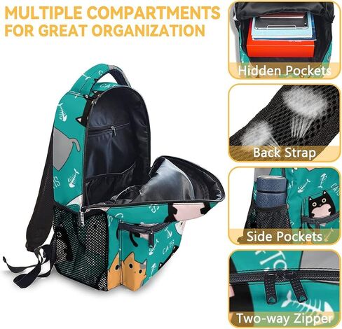 Girls, Boys Cat Backpack - 16 Inches Cartoon Backpacks for School - Green Durable Bookbag for Middle School in Saudi Arabia