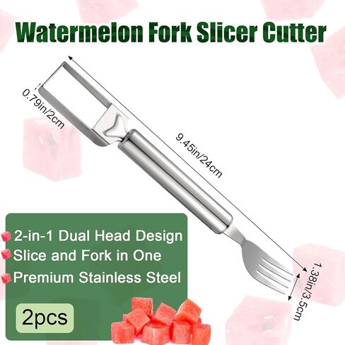 2pcs Watermelon Fork Slicer Cutter, 9.45x1.38x0.79in 2-in-1 Stainless Steel Fruit Cutter Dual Head Watermelon Cutter Portable Melon Fork Slicer Tool Gadgets for Kitchen Home Family Camping in Saudi Arabia