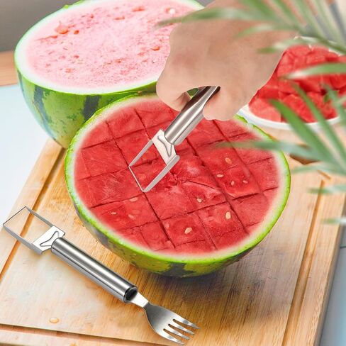 2pcs Watermelon Fork Slicer Cutter, 9.45x1.38x0.79in 2-in-1 Stainless Steel Fruit Cutter Dual Head Watermelon Cutter Portable Melon Fork Slicer Tool Gadgets for Kitchen Home Family Camping in Saudi Arabia