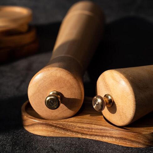 Salt and Pepper Mill Set with Tray, Adjustable Ceramic Grinder Salt Mill, Stainless Steel Grinder Pepper Mill, Rubber Wood, 32 cm / 12 inch Height, Bottom Dia 6 cm (Tray is Included） in Saudi Arabia