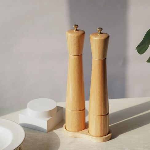 Salt and Pepper Mill Set with Tray, Adjustable Ceramic Grinder Salt Mill, Stainless Steel Grinder Pepper Mill, Rubber Wood, 32 cm / 12 inch Height, Bottom Dia 6 cm (Tray is Included） in Saudi Arabia