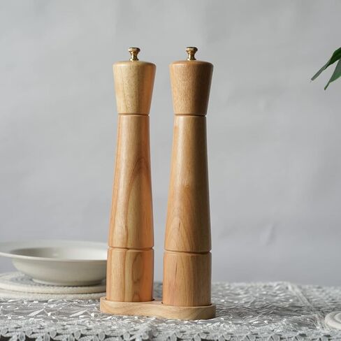 Salt and Pepper Mill Set with Tray, Adjustable Ceramic Grinder Salt Mill, Stainless Steel Grinder Pepper Mill, Rubber Wood, 32 cm / 12 inch Height, Bottom Dia 6 cm (Tray is Included） in Saudi Arabia